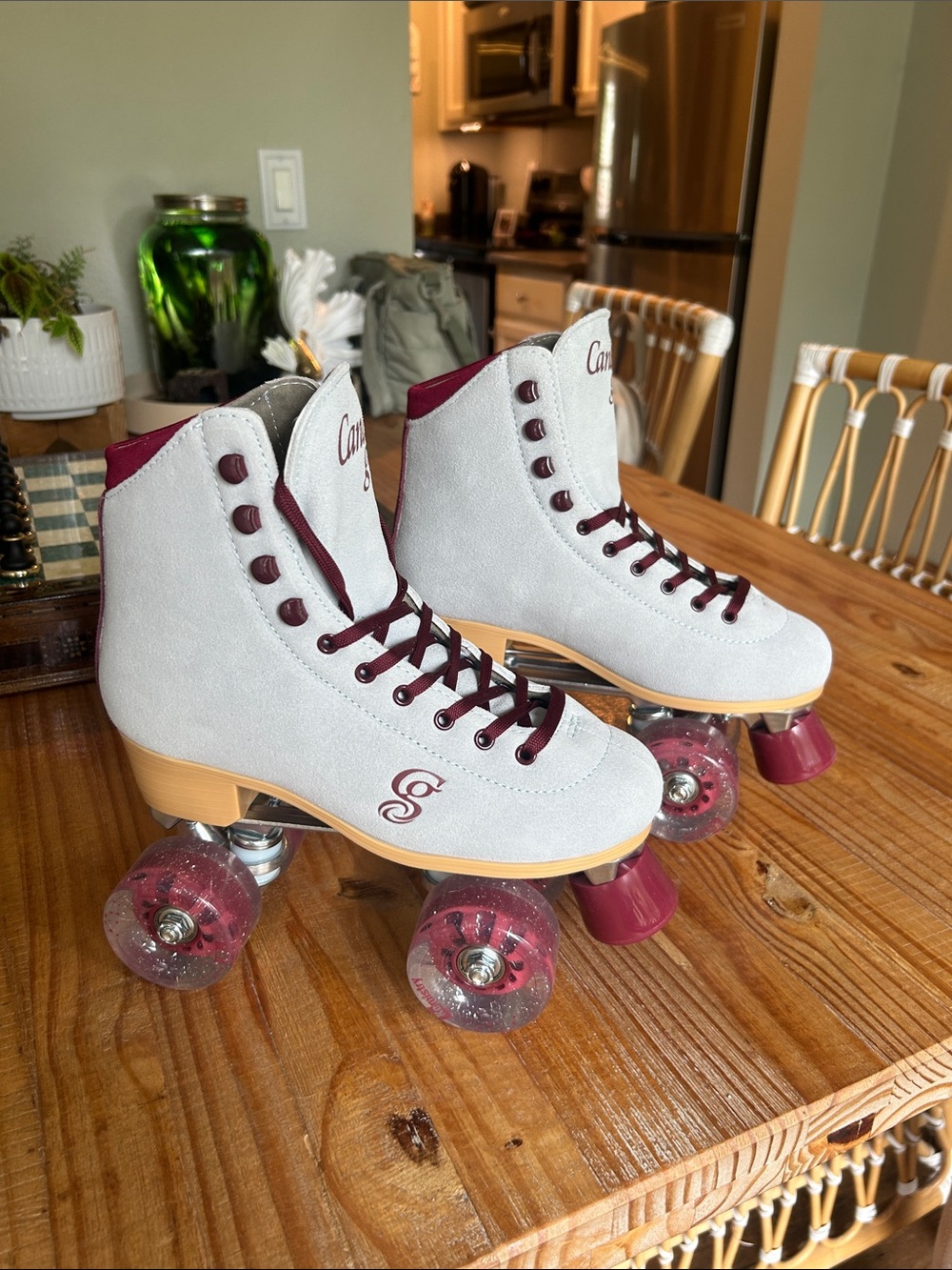 Blue/Gray Suede Roller Skates with Burgundy Accents - Picture 3 of 4